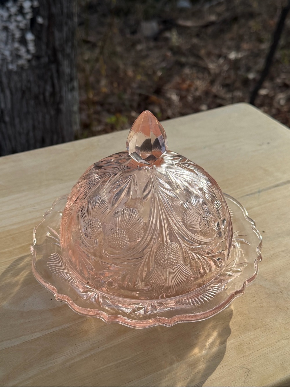 Mossier Thistle Vintage Pink Glass Covered Butter Dish - Elegant Floral Design